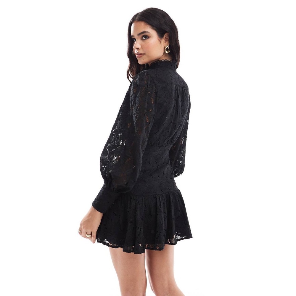 Bardot Remy Lace Mini Dress Black Long Puff Sleeve High Neck US M NWT - Picture 2 of 6